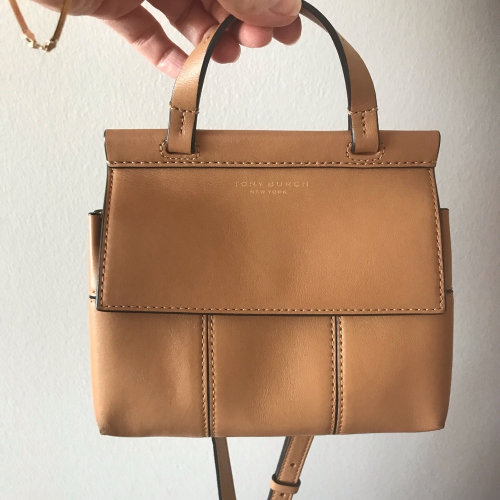 SOLD OUT Like New Tory Burch Mini Block-T Crossbody in Tan.